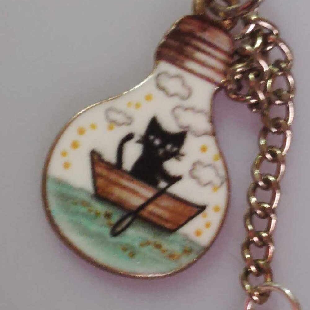 NWT Handmade Black Cat In A Boat & Orange Goldfish 3" Dangle Earrings - Picture 3 of 5